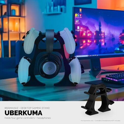 BRAINWAVZ The UberKuma - حامل وحدة تحكم رباعي وحامل سماعة رأس للمكاتب، مناسب لجميع أجهزة الألعاب وسماعات الرأس - أسود in Saudi Arabia