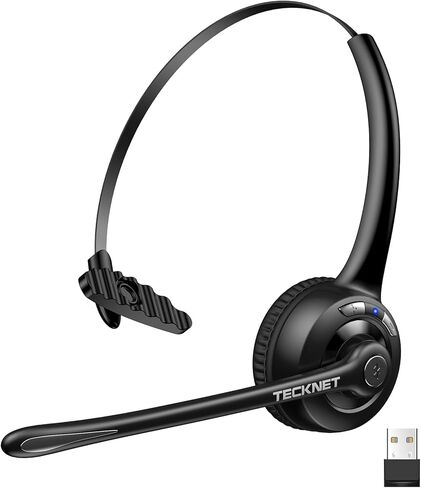 سماعة رأس لاسلكية TECKNET، سماعات بلوتوث مع ميكروفون لإلغاء الضوضاء لسائقي الشاحنات، سماعة رأس لاسلكية بدون استخدام اليدين مع ميكروفون كتم الصوت للهاتف المحمول/الكمبيوتر الشخصي/المنزل/المكتب/مركز الاتصال (USB Dongle) in Kuwait