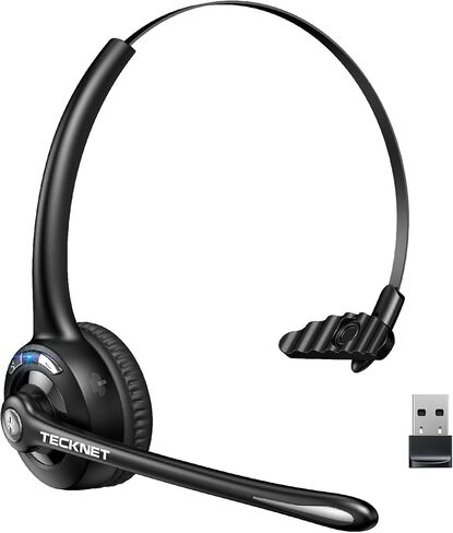 سماعة رأس لاسلكية TECKNET، سماعات بلوتوث مع ميكروفون لإلغاء الضوضاء لسائقي الشاحنات، سماعة رأس لاسلكية بدون استخدام اليدين مع ميكروفون كتم الصوت للهاتف المحمول/الكمبيوتر الشخصي/المنزل/المكتب/مركز الاتصال (USB Dongle) in Kuwait