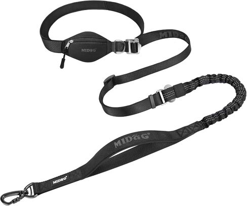 MIDOG Multifunctional Hands Free Dog Leash - Adjustable Waist Leash with Zipper Pounch& Bungee Cord,Heavy Duty No Pull Leash for Large Dog Jogging/Hiking/Walking(4-7FT,Black) in Saudi Arabia