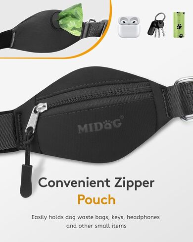 MIDOG Multifunctional Hands Free Dog Leash - Adjustable Waist Leash with Zipper Pounch& Bungee Cord,Heavy Duty No Pull Leash for Large Dog Jogging/Hiking/Walking(4-7FT,Black) in Saudi Arabia