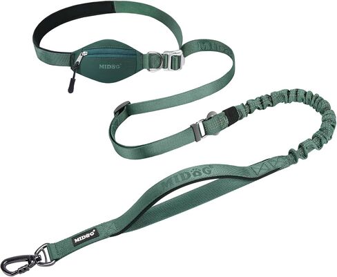 MIDOG Multifunctional Dog Leash Hands Free for Large Dogs - Adjustable Waist Leash with Zipper Pounch& Bungee Cord for Jogging/Running/Walking(4-7FT,Green) in Saudi Arabia