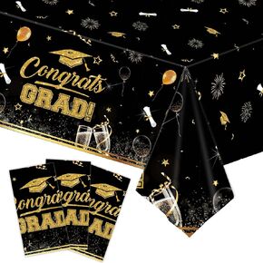 3 Pcs Graduation Tablecloths 54"x108", Waterproof Rectangular Graduation Decorations Table Cover for 2024 Graduation Party Supplies, Gongrats Grad Tablecover Class of 2024, Black