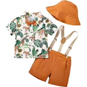 ZOELNIC Baby Boy Clothes Toddler Short Sleeve Button Down Shirt Casual Suspenders Shorts+Caps Summer Outfits 1-4Y Clothes