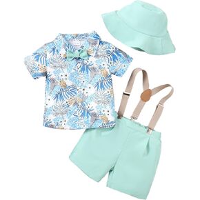 ZOELNIC Baby Boy Clothes Toddler Short Sleeve Button Down Shirt Casual Suspenders Shorts+Caps Summer Outfits 1-4Y Clothes in Kuwait