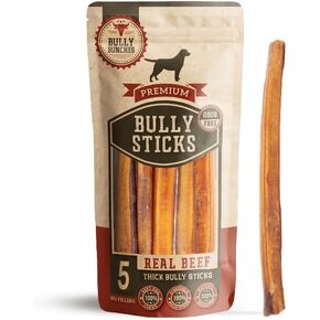 Bully Bunches Premium 12 Inch Thick Odor-Free Bully Sticks for Medium & Large Dogs - Long Lasting Chews for Oral Care - All Natural & Single Ingredient, 100% Beef Dog Treat, Rawhide Free (5 Pk)