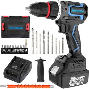 Powilling Drill Set, 20V Cordless Drill with 6.0Ah Battery and Charger, Electric Power Drill Driver 1/2" All-Metal Chuck with 20pcs Drill Driver Bits, 2 Variable Speed, 20+1 Position for Home DIY