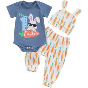 GOOCHEER Easter Outfits Infant Baby Boys First Easter Romper Bodysuit Bunny Pants Hat Newborn Boy Easter Clothes 3PCS Set