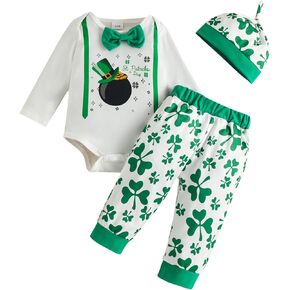 Newborn Baby Boy St. Patrick's Day Clothes Outfit Four Leaf Clover Print Romper with Tie Pants Hat 3Pcs Set