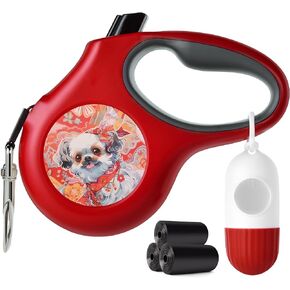 PetiFine Retractable Dog Leash for Small Breed up to 26 lbs, 16 ft Pet Red Walking Leash with Dispenser and Poop Bags, Tangle-Free, Reflective Strong Nylon Tape (S,20 Bags)