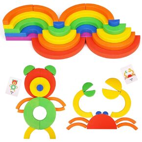 Wooden Rainbow Stacker Building Blocks - 22 Pcs Creative Rainbow Stacking Toy Half Circle Pattern Blocks Stacking Game Construction Building Toys Preschool Learning Montessori Toy for Kids