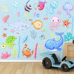 4 Sheets Ocean Life Wall Decals Under The Sea Fish Wall Stickers Colorful Removable Underwater Sea Creatures Jellyfish Wall Decor for Kids Girls Baby Bathroom Bedroom Living Room (Adorable Style)