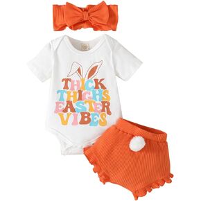 Newborn Baby Girl Easter Outfit Infant Short Sleeve Bunny Romper Shorts Headband 3Pcs Summer Clothes Set