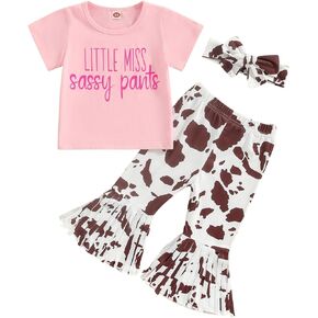 Lamuusaa Western Baby Girl Clothes Short Sleeve Cowboy Tassel T-shirt Leopard Flared Pants Headband Summer Clothes 6M-4T