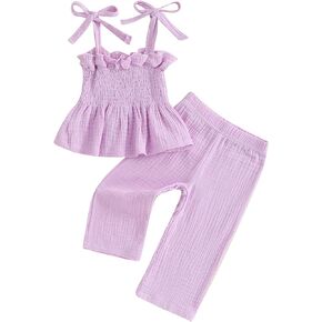 VISGOGO Infant Baby Toddler Girls Clothes Solid Color Sleeveless Camisole Linen Pants Set Baby Summer Outfits