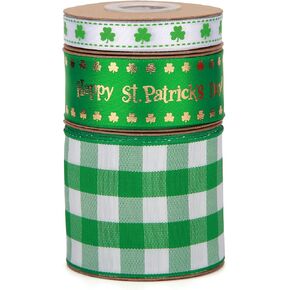 20 Yards Shamrocks Grosgrain Ribbons 3/8 Inch Irish Day St. Patrick's Day Themed Clover Polyester Ribbon for Gift Wrapping Party Decoration Craft and Sewing