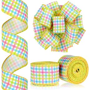 MTLEE 20 Yard Easter Spring Wired Ribbon Pastel Plaid Wired Ribbon Gingham Pink Blue Yellow Green Ribbon for Wreaths Plaid Fabric Ribbons for Baby Shower Craft Decor(1.5 Inch)