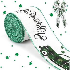 St. Patricks Day Ribbon Wired, Glitter Green Shamrock Fabric Ribbons Gift Wrapping DIY Craft Wreath Bows Making Festival Party Birthday Decoration, 10 Yards x 2.5 Inches