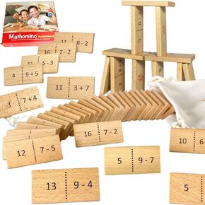 Math Domino Game for 1st & 2nd Grade | Wooden Algebra Dominoes Plus/Minus | Educational Learning Toy for Kids 6+ | Classroom, Homeschool & Teaching Supplies