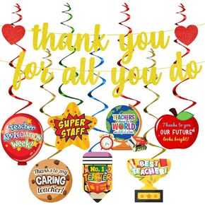 Teacher Appreciation Week Banner with Hanging Swirls Party Decorations, Thank You for All You Do Teacher Appreciation Hanging Swirls for Teachers Day School Office Classroom Party Decorations