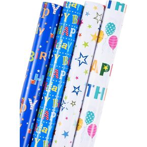PlandRichW Birthday Wrapping Paper 4 Mini Rolls 17" x 120" for Kids Boys Girls, Colorful Happy Birthday Letters and Stars Design, Gift Wrapping Paper for Women Men Baby Shower Holiday
