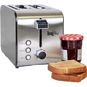 Total Chef 2 Slice Compact Wide Slot Toaster with 7 Shade Settings, Stainless Steel, Defrost and Reheat, Removable Crumb Tray, Easy to Clean, Black and Silver