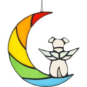 Stained Glass Window Hanging White Angel Dog on Rainbow Moon Dog Memorial Gifts Dog Suncatcher Dog Sympathy Gift Dog Bereavement Gifts Pet Loss Gifts