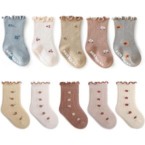 Baby Girls Toddler Socks Organic Cotton Socks Floral Pattern with Non-Skid Gripper for Fall Spring and Summer