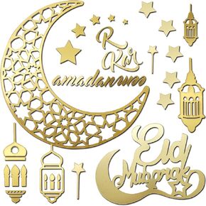 Ramadan Decorations Wall Stickers, 3D Gold DIY Eid Mubarak Self-Adhesive Ramadan Kareem Decorations Stickers Moon Star Acrylic Wall Decals for Islamic Muslim Home Gifts Window Art Living Room Decor
