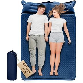 Double Sleeping Pad, 2in Memory Foam Camping Mattress 2 Person with Pillow, 5R Insulated Self Inflating Camping Pad, Air Mattress Inflatable Sleeping Mat for Backpacking,Hiking(Navy Blue)