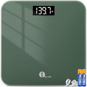 1 BY ONE Digital Body Weight Scale, Bathroom Weighing Scale for People with Large LED Display, 400 lbs,Tape Measure and Batteries Included