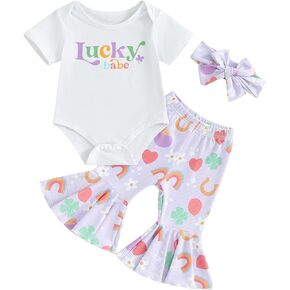 YOKJZJD 3Pcs Newborn Baby Girl St Patricks Day Outfit Shamrock Short Sleeve Romper T-Shirt Tops Bell Bottom Pants Set