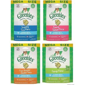 Pet Faves (4-Pack) Feline Dental Cat Treat Variety Bundle 4 Flavors - 4.6oz Each Bag, Tempting Tuna, Savory Salmon, Oven Roasted Chicken, and Catnip Flavor