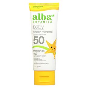 Alba Botanica Baby Sunscreen for Face and Body, Sheer Mineral Sunscreen Lotion, Broad Spectrum SPF 50, Water Resistant and Fragrance-Free, 3 fl. oz. Tube (Packaging May Vary)