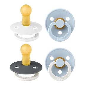 BIBS Colour Soother 4-Pack | BPA Free Dummy Pacifier | Round Nipple | Natural Rubber Latex | Made in Denmark | Size 6-18 Months | White Glow Mix