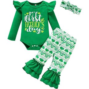 GRNSHTS Baby Girl St. Patrick's Day Outfits Bell Sleeve Top Dress+Clover Pant+Headband 3Pcs Clothes Set
