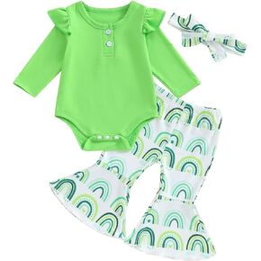 Omkzanbi My First St. Patrick's Day Baby Girl Outfit Ruffle Bodysuit Romper Four Leaf Clover Flare Pants Headband Clothes Set