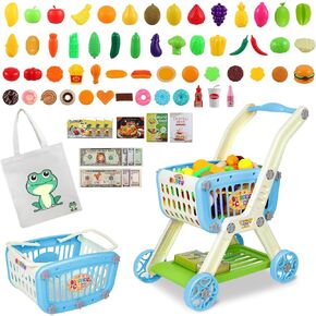 Kids Shopping Cart - 2 in 1 Toy Shopping Cart with Play Food Fruit Vegetable Dessert and Shop Accessories, 72pcs Pretend Play Grocery Store Toy Kitchen Game Trolley Play Set for Kids (Pink)