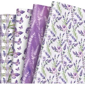 AnyDesign 12 Sheet Floral Wrapping Paper Purple Lavender Butterfly Gift Wrap Paper Folded Flat Floral Art Paper for Wedding Birthday Baby Shower Party Gift Packing DIY Craft, 19.7 x 27.6 Inch