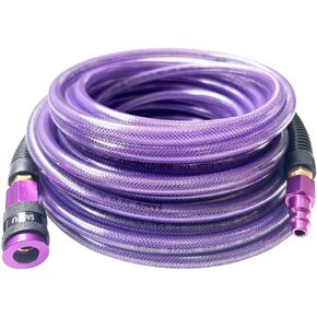 Polyurethane(PU) Air Hose 1/4-Inch x 100ft Reinforced, lightweight Anti-low temperature 300PSI with 1/4" Swivel Industrial Aluminum Quick Coupler and Plug, Bend Restrictor,Purple(100’)
