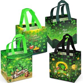 4PCS Saint Patricks Day Bags, St Patricks Day Tote Bags with Handles, Party Favor Container, Non-Woven St Paddy Day Bags for Gift Wrapping, Irish Party Supplies, 7.9"×7.9"×5.9"