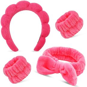 Chanaco Hairband, 4PCS Spa Headband for Washing Face Makeup with Bow Tie, Black Microfiber Sponge & Wrist Bands, Women Girls Hair Accessories