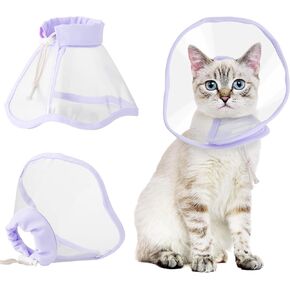 BENCMATE Cat Cone, Drawstrings Cat Cone Collar with Low Noise Fasteners, Transparent Cat Recovery Collar, Licking and Scratching Free Cone, Extra Soft Cat Surgery Collar (Purple,XSmall)