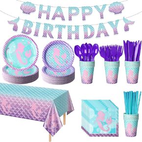 203Pcs Mermaid Birthday Party Supplies,Mermaid Tablecloth Banner Disposable Paper Plates and Napkins Dinner Tableware Cups Knives for Mermaid Kids Under the Sea Birthday Party Decorations, Serve 25