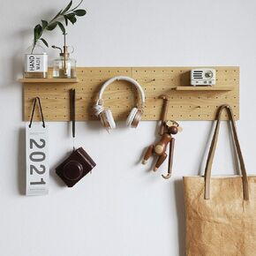 Wooden Pegboard Modular Display, Wall Panel Kit Grid Organizer with Shelves and Hooks, Storage Wall Hooks Shelf, Color: Oak - Comes with 2 Wall Hooks