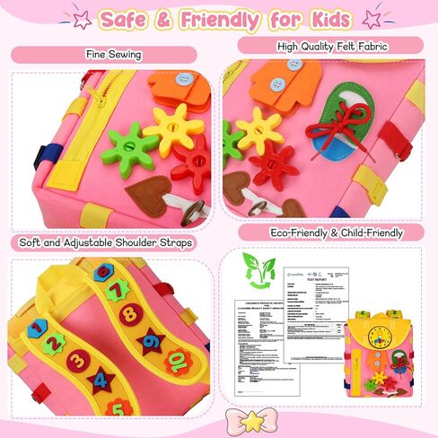 لوحة مشغولة - حقيبة ظهر للأطفال الصغار من عمر 3 إلى 7 سنوات - ألعاب مونتيسوري الحسية مع أبازيم أرقام - تطوير المهارات الحياتية ونشاط التعلم والمهارات الحركية الدقيقة وألعاب السفر للأطفال الصغار هدايا عيد الميلاد in Kuwait