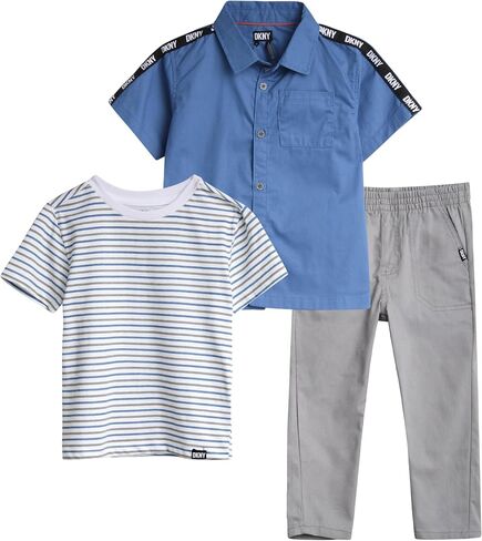 DKNY Boys' Pants Set - 3 Piece Short Sleeve Button Down, T-Shirt, Twill Flat Front Pants - Clothing Set for Boys (2T-7) in Saudi Arabia