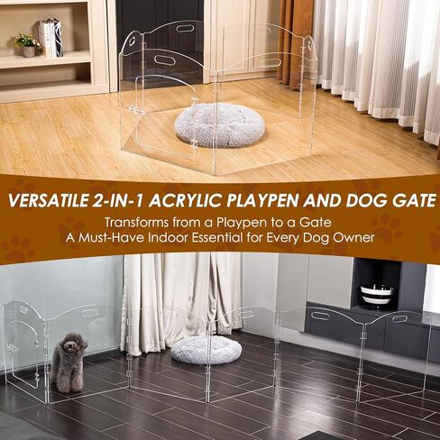 Dog Playpen OR Extra Wide 144" House Dog Gates 2-in-1 – Foldable 6 Panel Acrylic Indoor Fence, Clear Pet Gate with Door, 24" Tall Freestanding Play Pen for Puppy Small to Medium Dogs in Kuwait