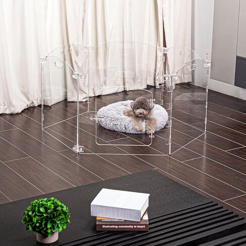 Dog Playpen OR Extra Wide 144" House Dog Gates 2-in-1 – Foldable 6 Panel Acrylic Indoor Fence, Clear Pet Gate with Door, 24" Tall Freestanding Play Pen for Puppy Small to Medium Dogs in Kuwait