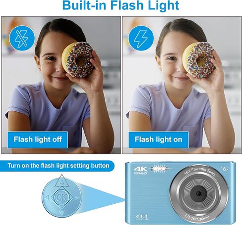 Digital Camera, FHD 1080P 44MP Digital Camera for Kids Video Camera with 64GB SD Card 16X Digital Zoom, Compact Point and Shoot Camera Portable for Kids Boys Girls Teens Students Seniors (Blue) in Kuwait